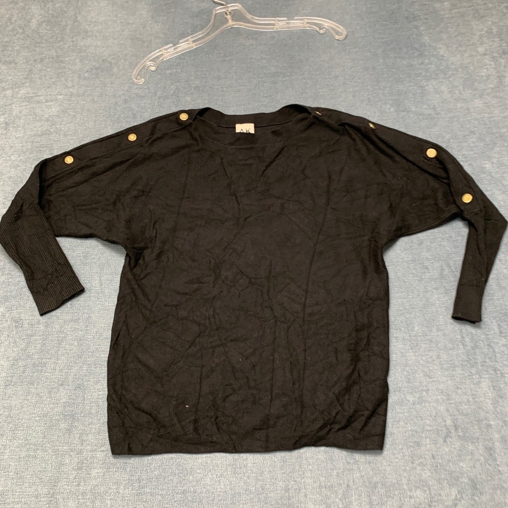 Anne Klein Sweater Top Womens M Black Knit Long Sleeve Shoulder Button Crew Neck